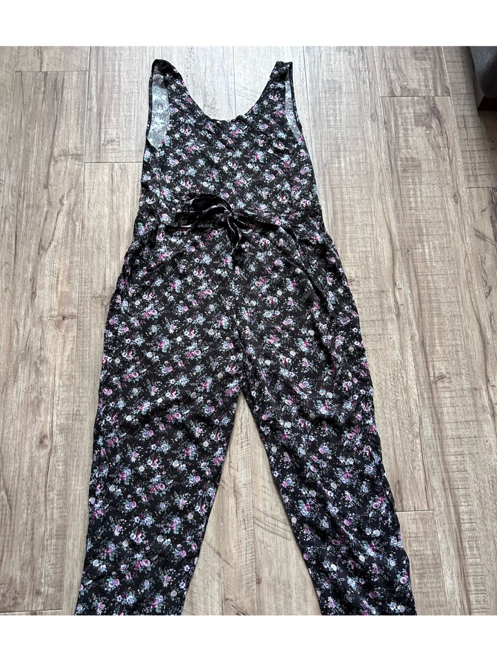 Vintage Sleeveless Black Floral Jumpsuit with Pink & White Flowers Cottagecore - Picture 4 of 8